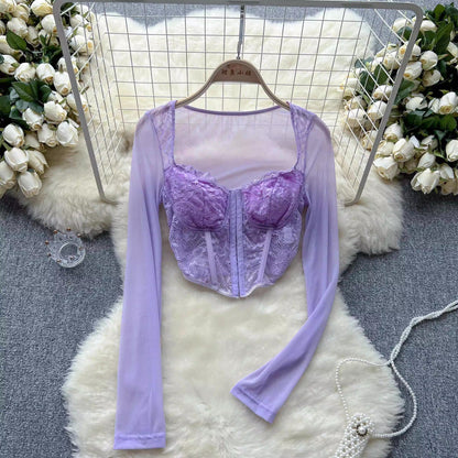 Sexy lace mesh long-sleeved T-shirt for women hot girl short top     S4591