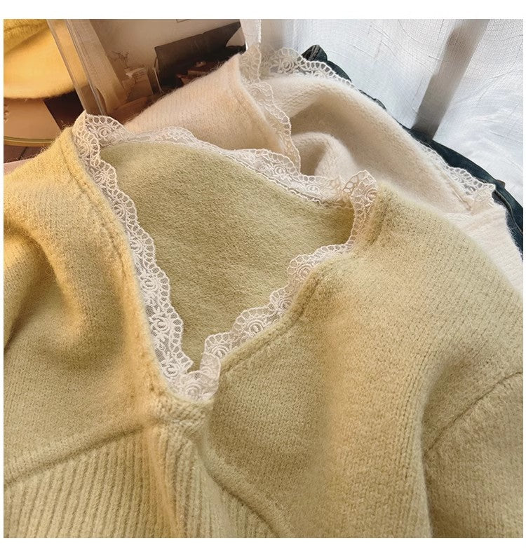 French lace V-neck sweater for women knitted shirt      S4860