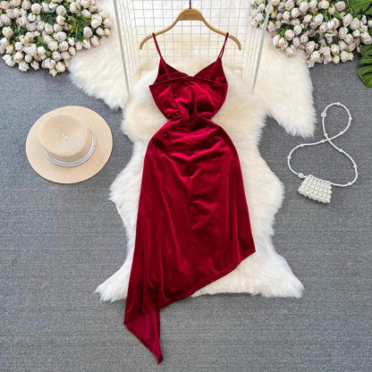 sexy slit velvet dress a-line irregular backless dress     S4304