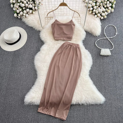 Hot girl fashion suit women's backless two-piece mid-length skirt       S4224
