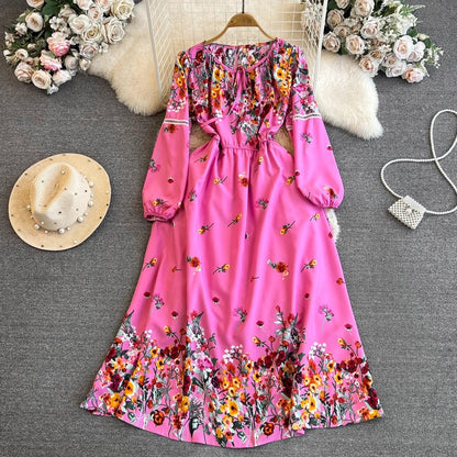 Fashionabal long-sleeved round neck A-line printed dress elegant long skirt     S4252