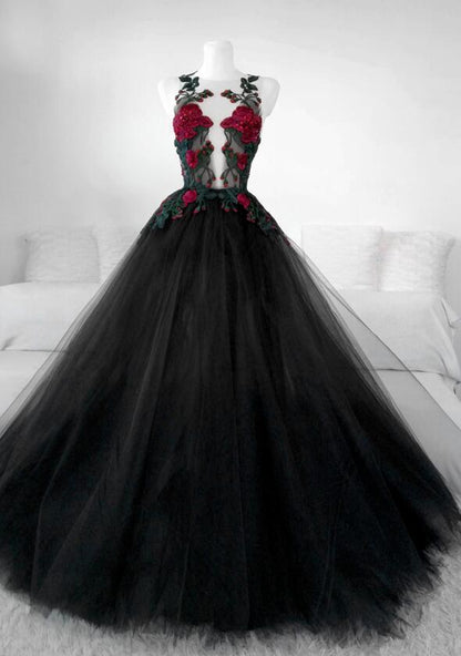Beautiful Black Tulle With Lace Applique Long Formal Gown Black Party Dresses