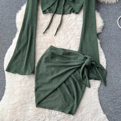 sexy suit for women long-sleeved cardigan jacket + irregular skirt two-piece set   S4592
