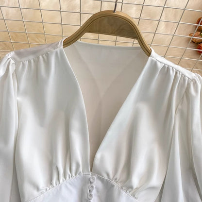 V-neck lantern sleeves solid color casual tops for women    S4111