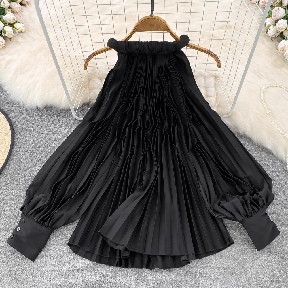 Round Neck Halter Neck Off-Shoulder Lantern Sleeve Pleated Shirt Women's Casual Top    S4125