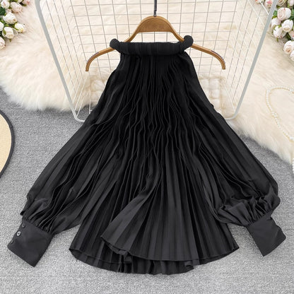 Round Neck Halter Neck Off-Shoulder Lantern Sleeve Pleated Shirt Women's Casual Top    S4125