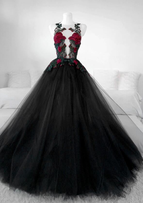 Beautiful Black Tulle With Lace Applique Long Formal Gown Black Party Dresses
