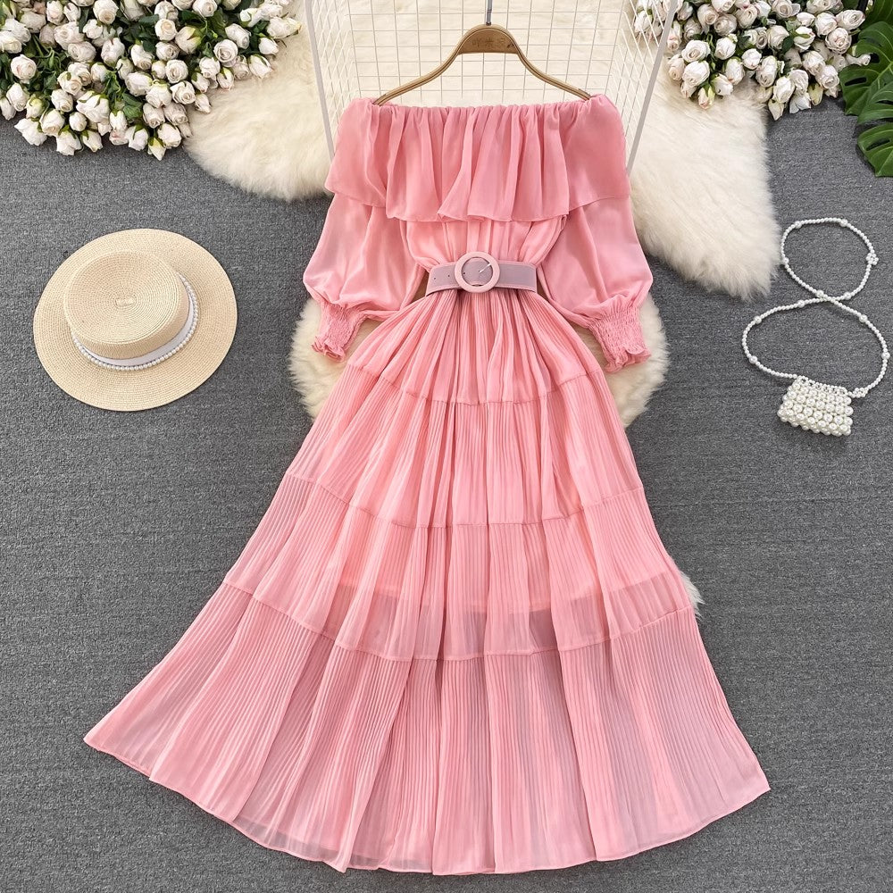 off-shoulder ruffled A-line pleated dress elegant long skirt    S4426