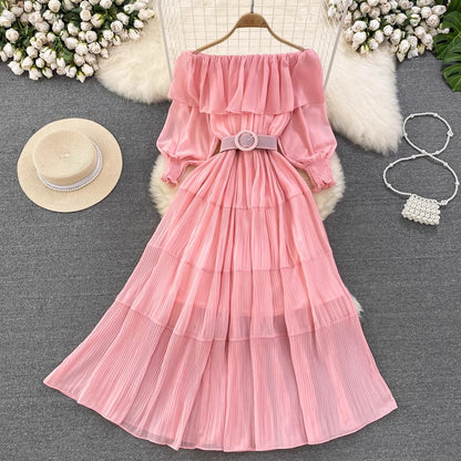 off-shoulder ruffled A-line pleated dress elegant long skirt    S4426