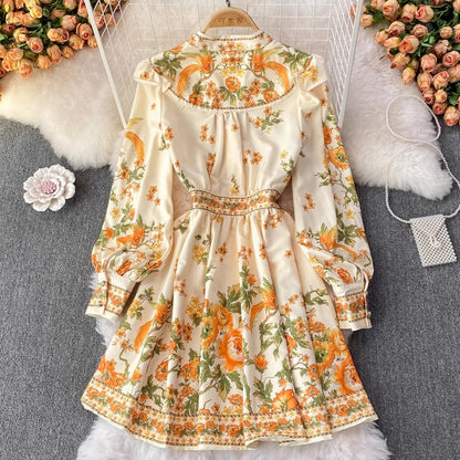 V-neck lantern sleeve printed A-line dress    S4429