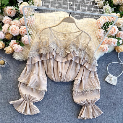 French gentle style top for women see-through ruffled puff sleeve chiffon top     S4621