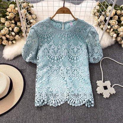 Bubble Short-Sleeved Round Neck Women__ Lace Top       S3991