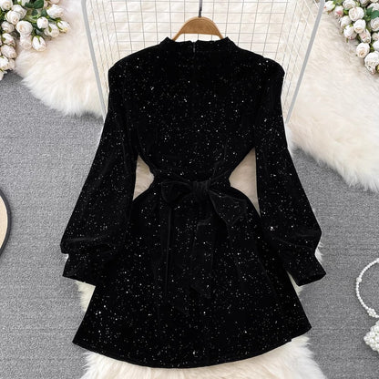 Square Neck Party Halter Neck Sparkling Velvet Dress       S3948