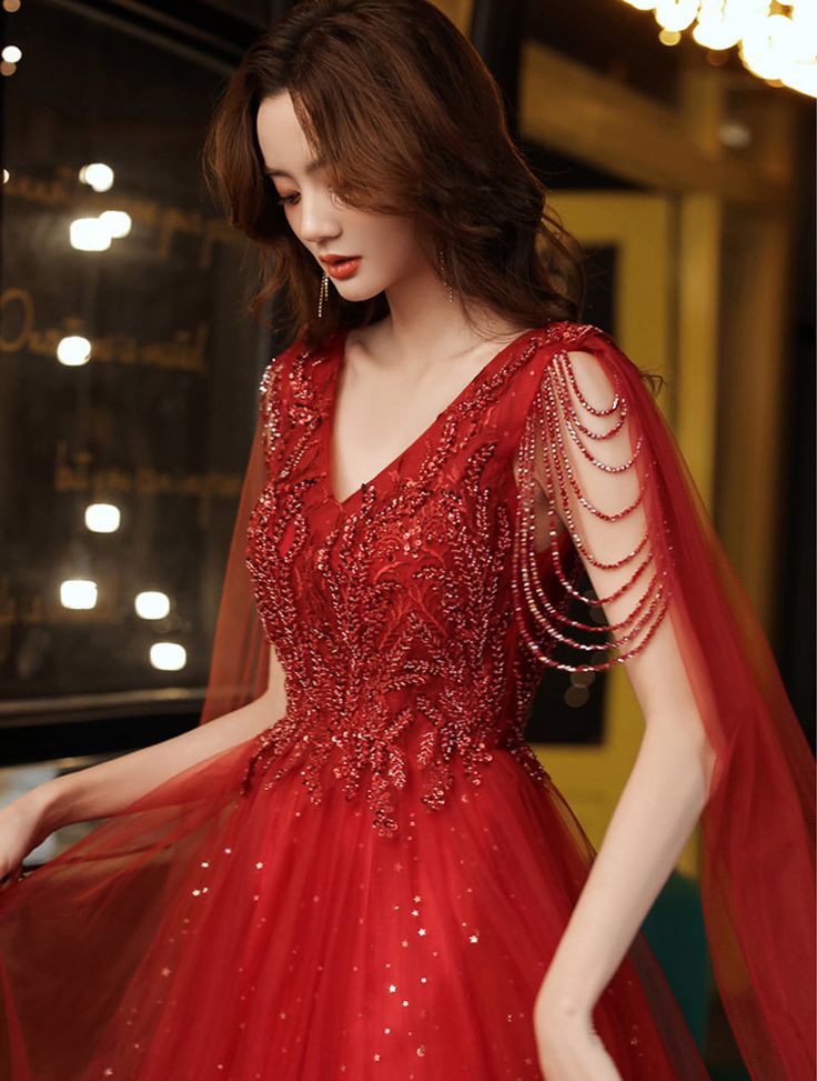 Luxury Charming Wine Red Lace V-neck Prom Party Evening Dress    S3593