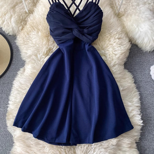 New sexy tube top V-neck backless sleeveless A-line dress short skirt dress        S3949