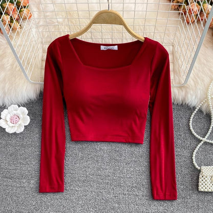 square collar t-shirt with chest pad for women short shirt top long sleeves      S3986