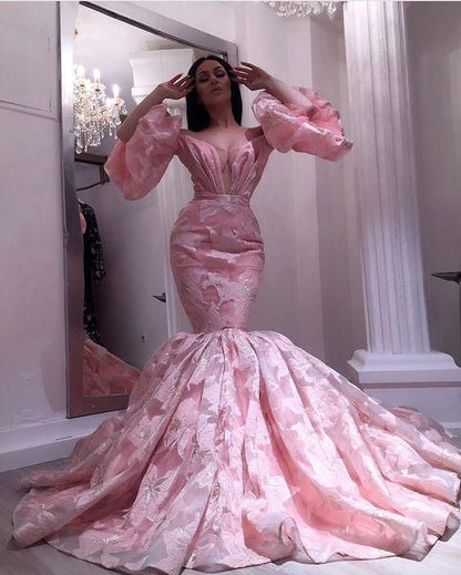 pink evening dresses long luxury embroidery appliqué mermaid flare sleeve elegant evening gown for women