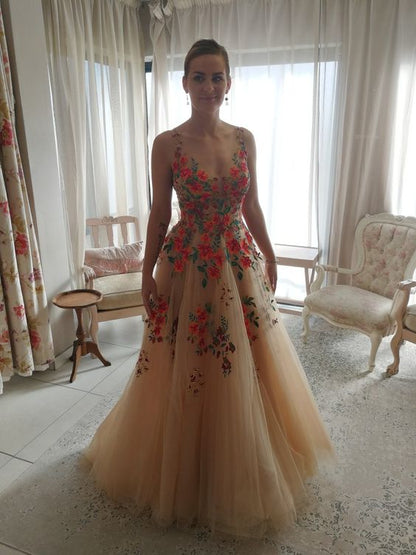A Line Evening Dress Sexy V neck Tulle Women Formal Prom Gowns