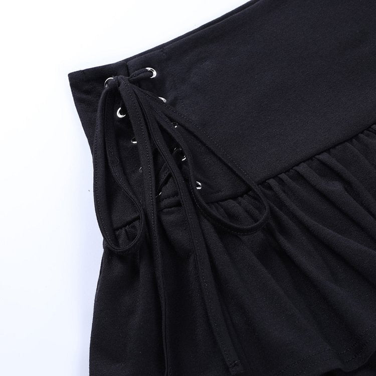 Lace Up High Waist Ruffled Skirt Black      S2816
