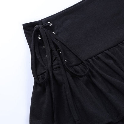 Lace Up High Waist Ruffled Skirt Black      S2816