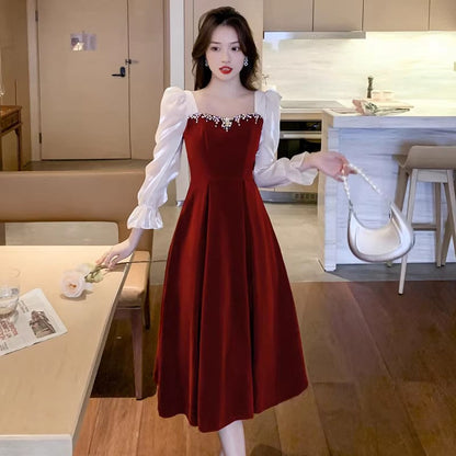 party burgundy long dress for women, evening dress for party    S3453