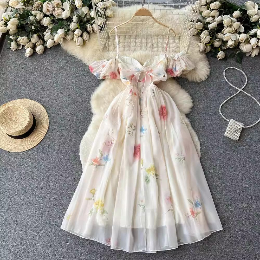 French tube top suspender dress for women floral puff sleeves mesh skirt      S4529