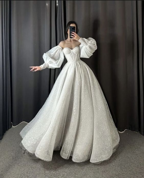 Glitter Tulle Wedding Dress Favorite Puff Sleeve Ball Gown
