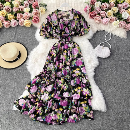 V-neck floral dress bohemian long skirt       S4179