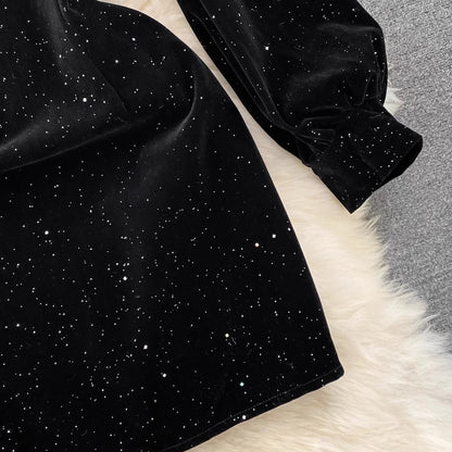 Square Neck Party Halter Neck Sparkling Velvet Dress       S3948