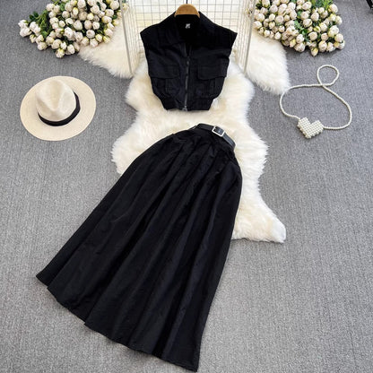 Fashion Suit Women's Sleeveless Shirt Two-piece Set A-Line Skirt     S4158