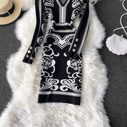 Long-sleeved V-neck knitted dress for women fashionable mid-length sweater skirt    S4233