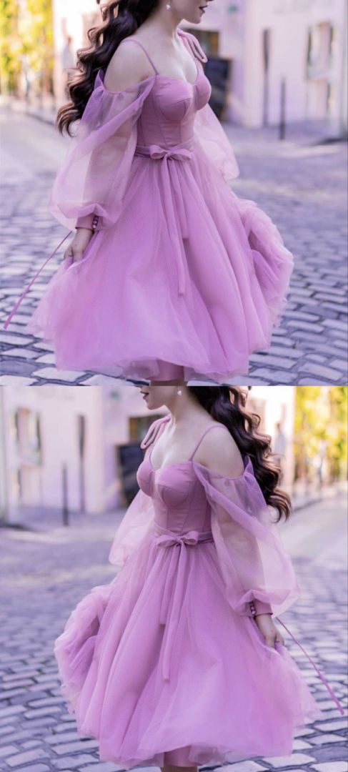 Mauve Tulle Long Sleeve Homecoming Dresses     S2669