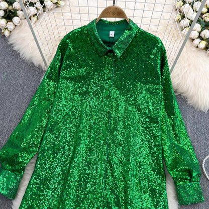 shiny sequined long-sleeved mid-length shirt dress fashionable a-line dress for women    S4207
