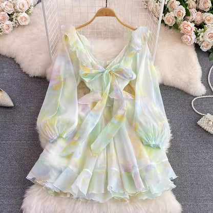 V-neck lantern long-sleeved A-line ruffled printed chiffon dress      S4358