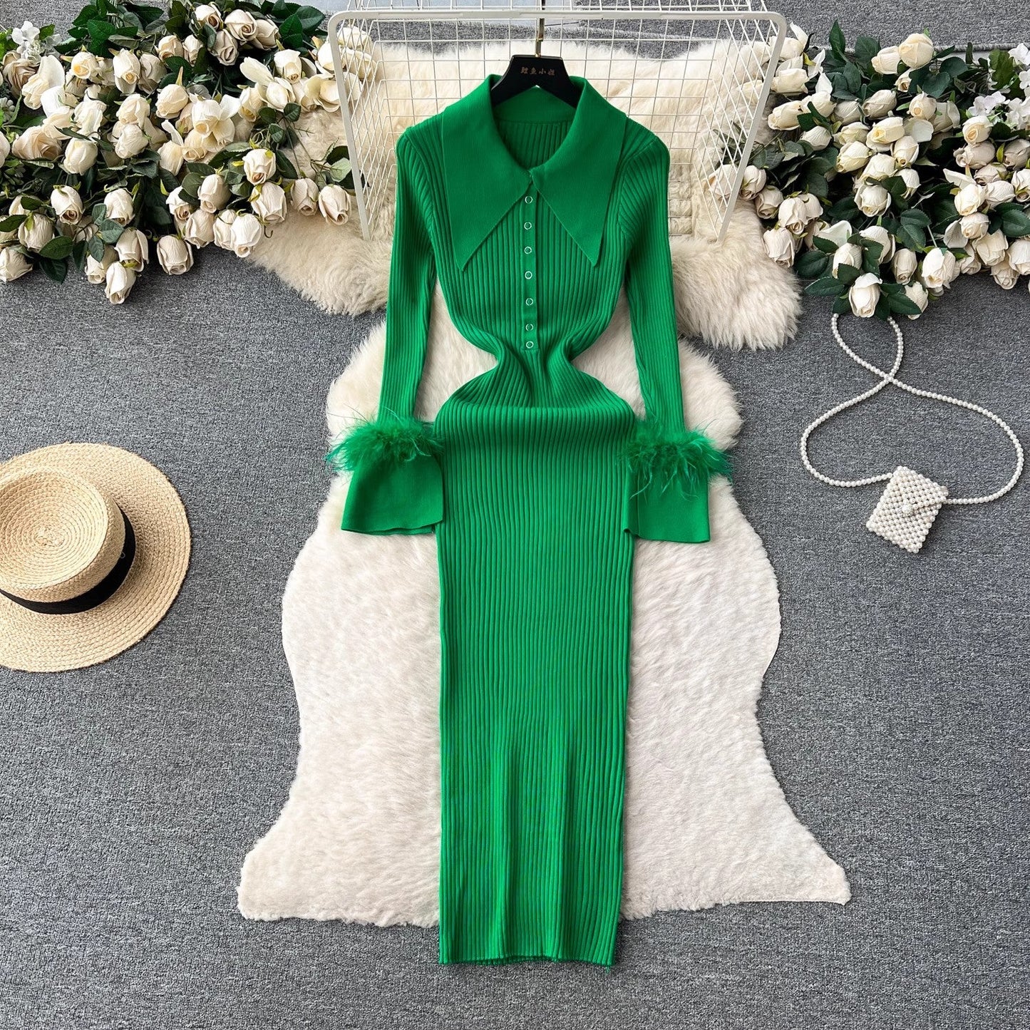 knitted dress for women lapel feather tight design skirt    S4539