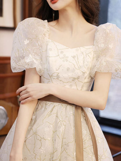 White A-line Lace Tulle Beige Short Prom Dress, Beige Homecoming Dress   S3279