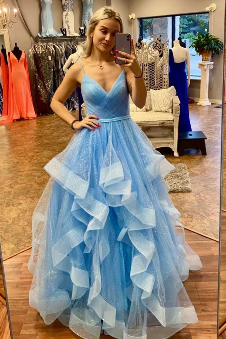 Blue Tulle Multi Tiered A Line Prom Gown