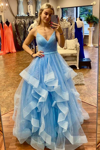 Blue Tulle Multi Tiered A Line Prom Gown