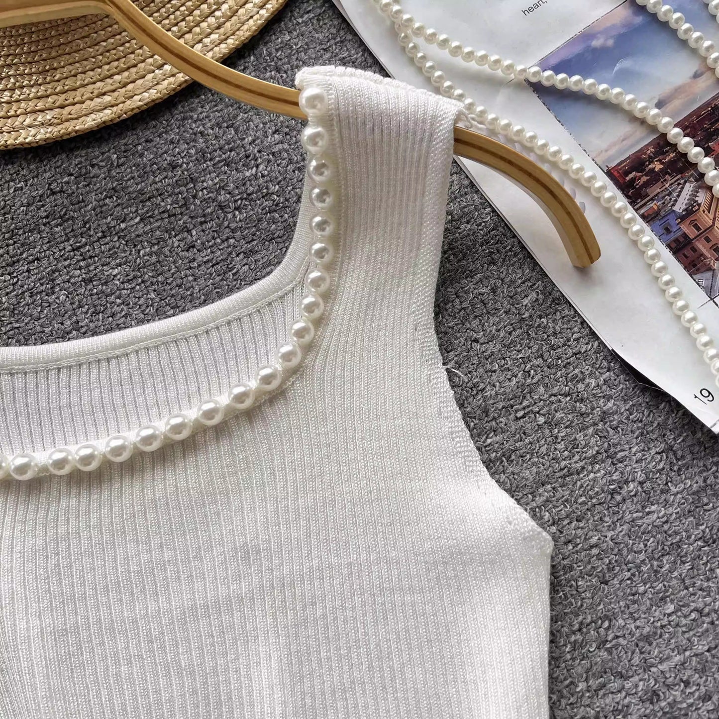 Square neck sleeveless beaded pleatedfor women knitted chic top     S4622