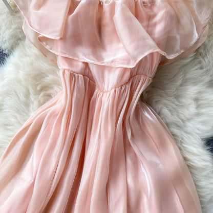 Ruffled One-line Neck Off-the-shoulder Holiday Dress    S4455