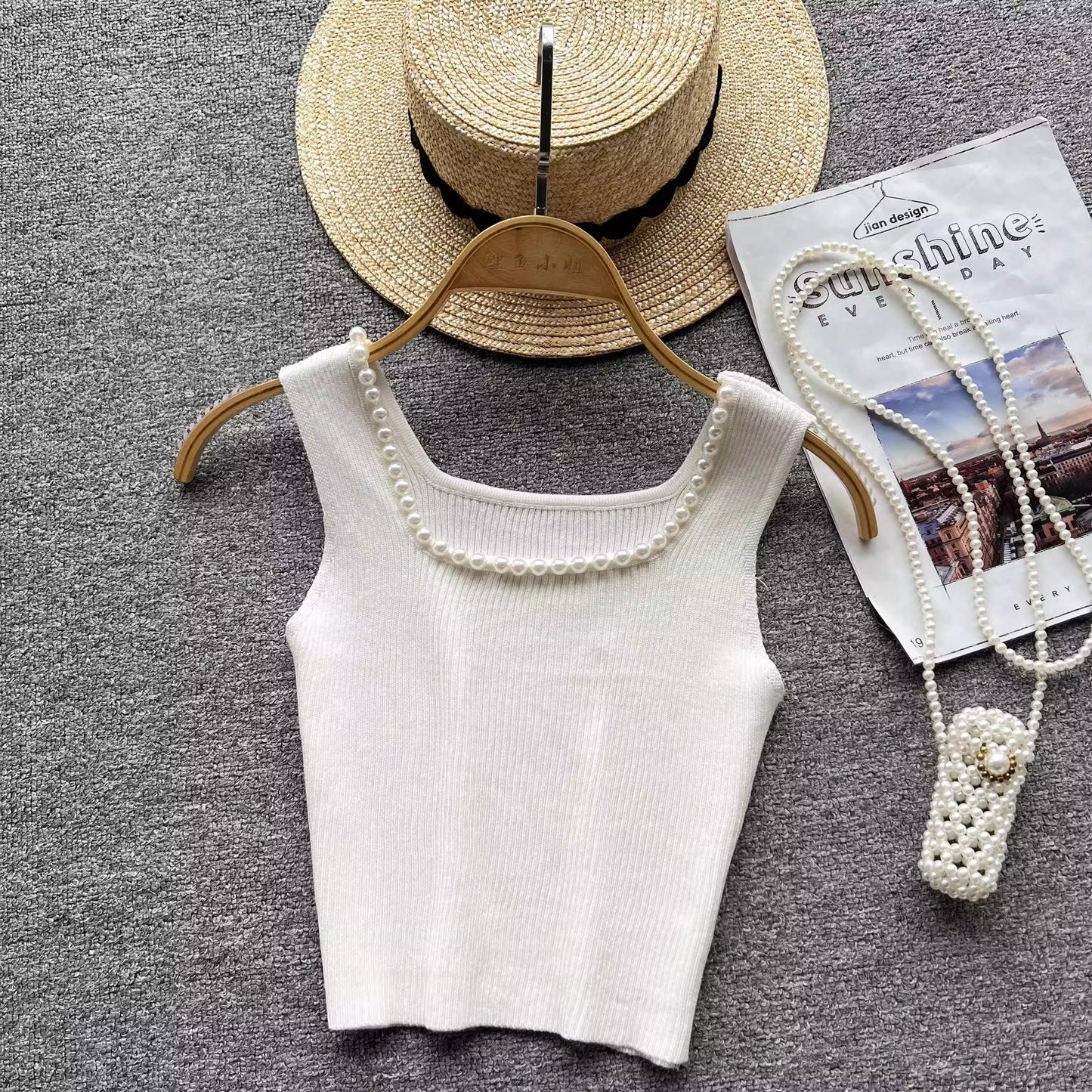 Square neck sleeveless beaded pleatedfor women knitted chic top     S4622