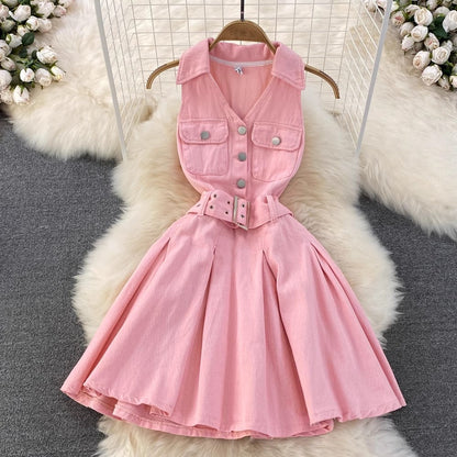 hot girl sexy denim skirt design halter neck A-line puffy pleated dress    S4283