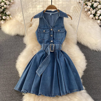 hot girl sexy denim skirt design halter neck A-line puffy pleated dress    S4283