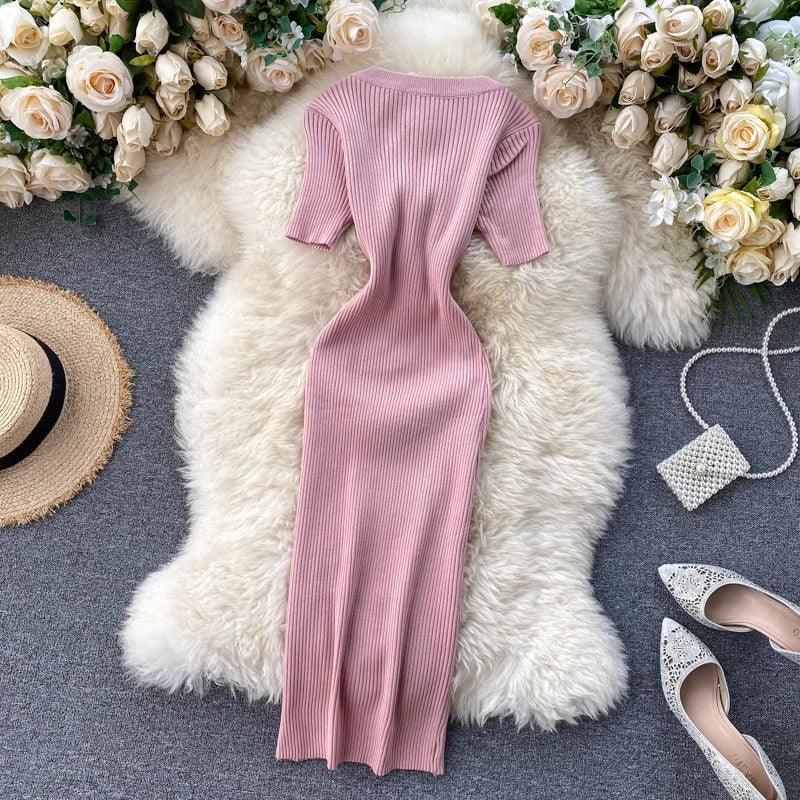 new popular women's simple solid color short-sleeved knitted dress     S4660
