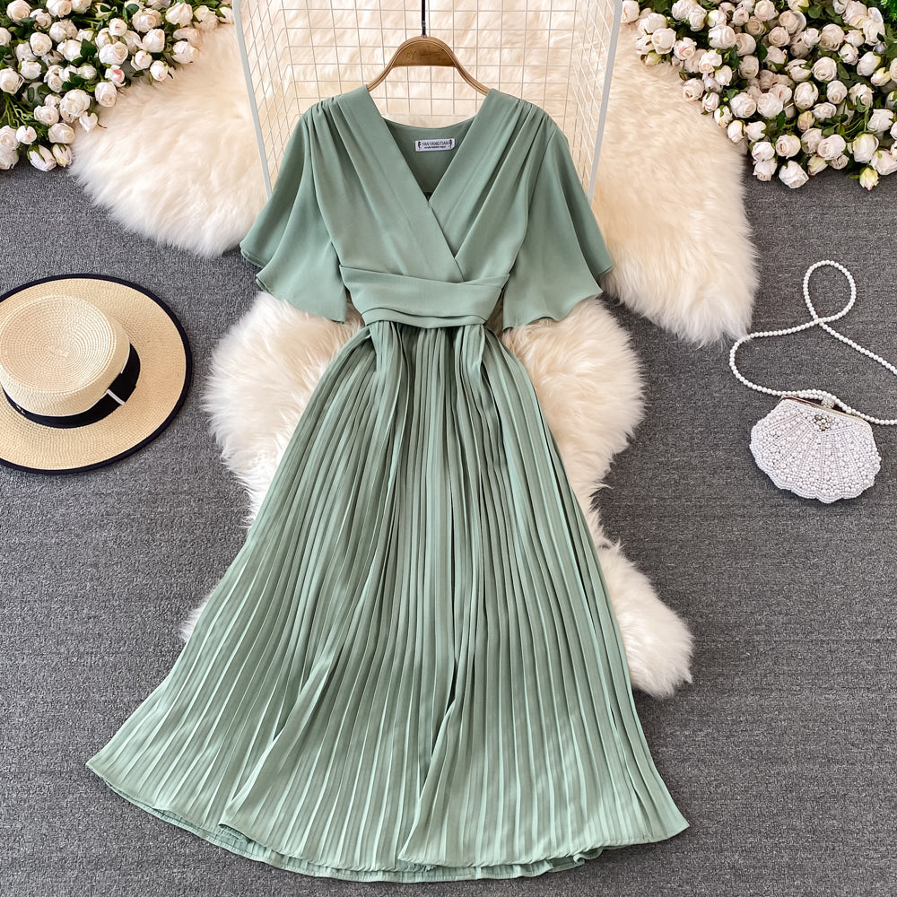 V-neck Short-sleeved Dress Over The Knee Lace-up Pleated Long Dress      S4465