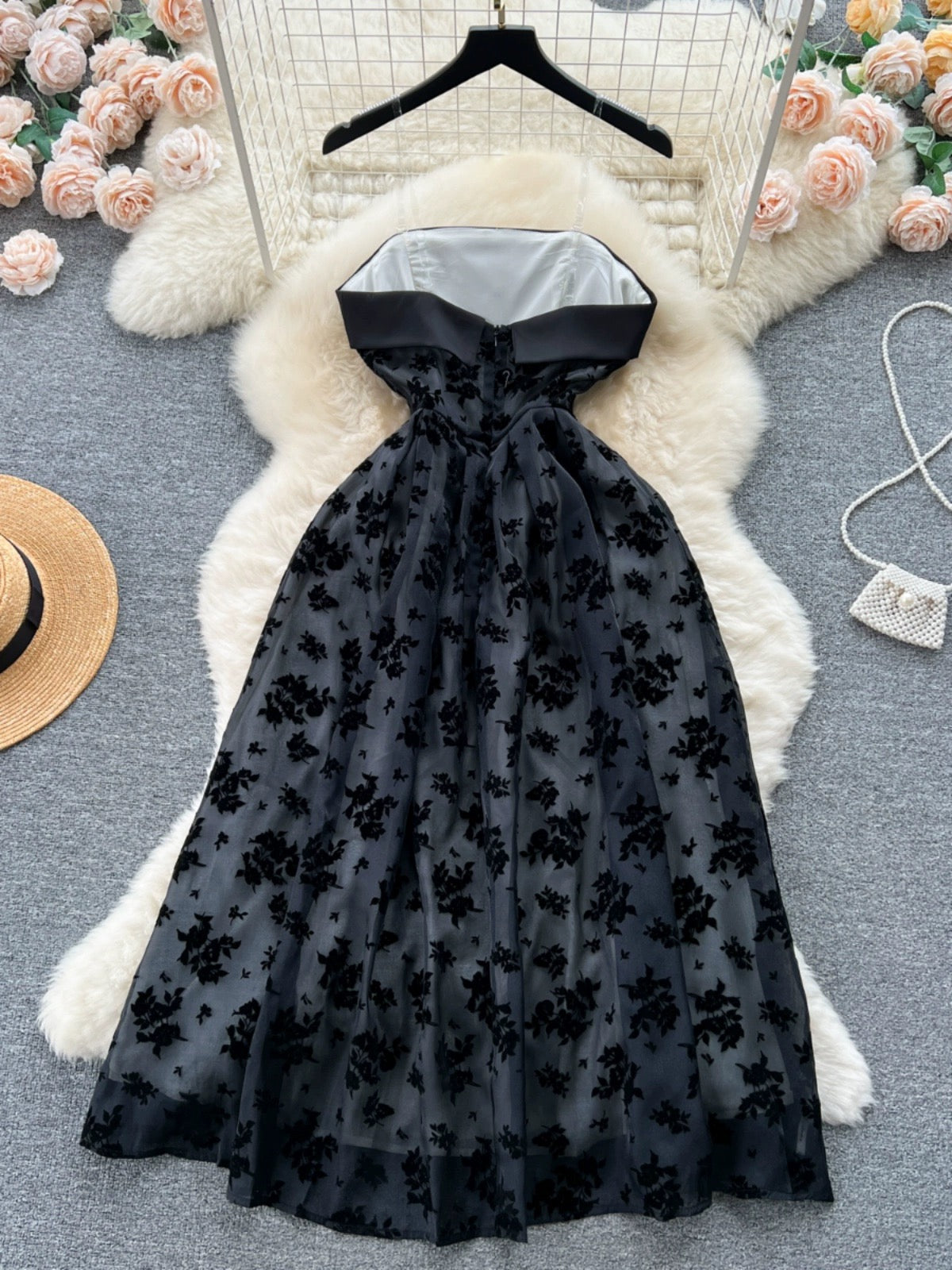 Jacquard Dress，strapless Dress,black Dress,vintage Dress      S4478