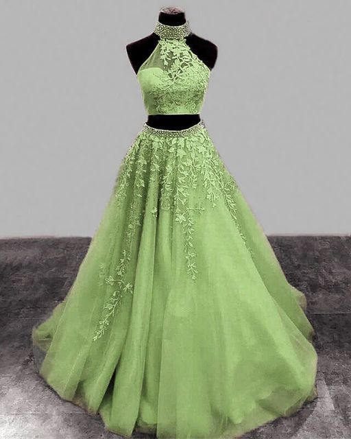 Sage Green Prom Dresses Two Piece Lace Embroidery Beaded Halter Formal Dress    S2923
