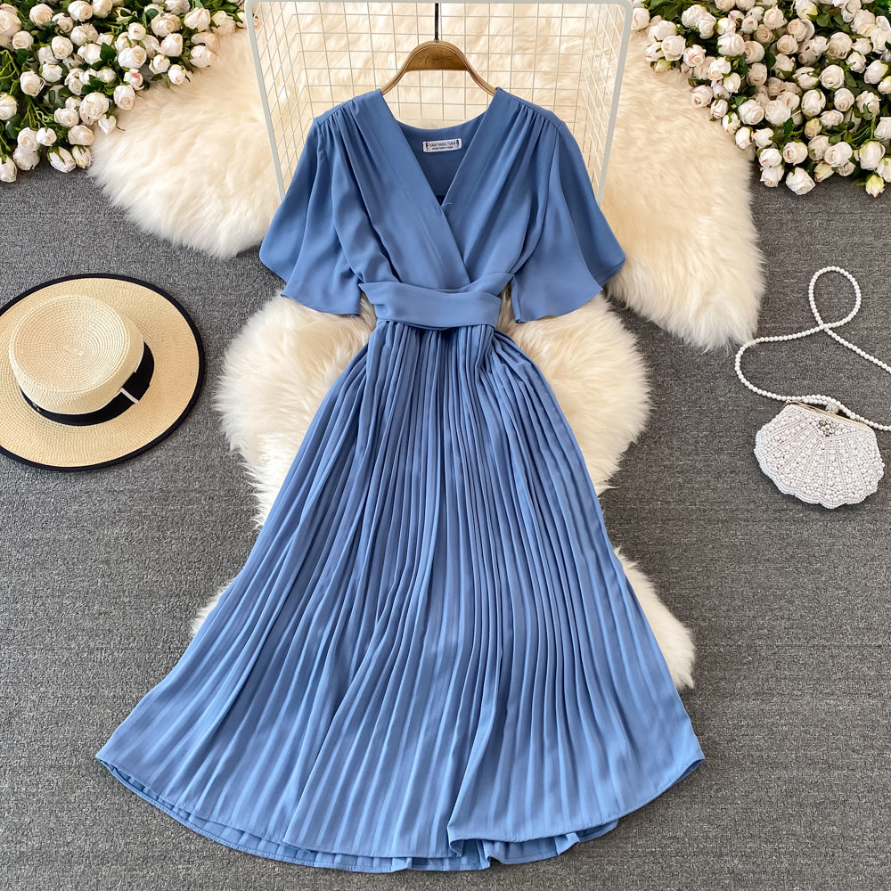 V-neck Short-sleeved Dress Over The Knee Lace-up Pleated Long Dress      S4465