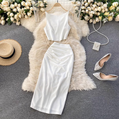 solid color round neck short to mid-length skirt two-piece set for women    S4487