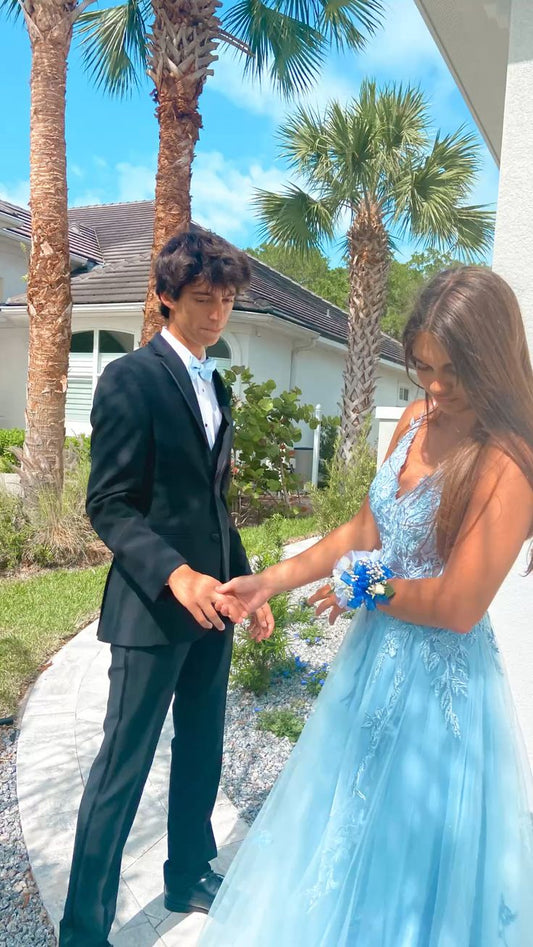 Blue Lace A Line Prom Gown